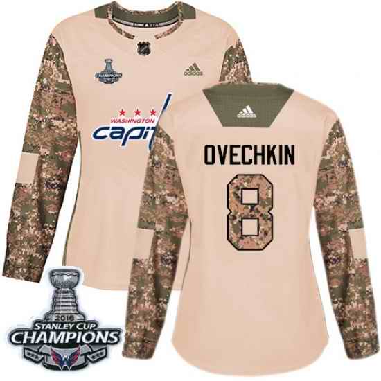 Adidas Capitals #8 Alex Ovechkin Camo Authentic 2017 Veterans Day Stanley Cup Final Champions Womens Stitched NHL Jersey